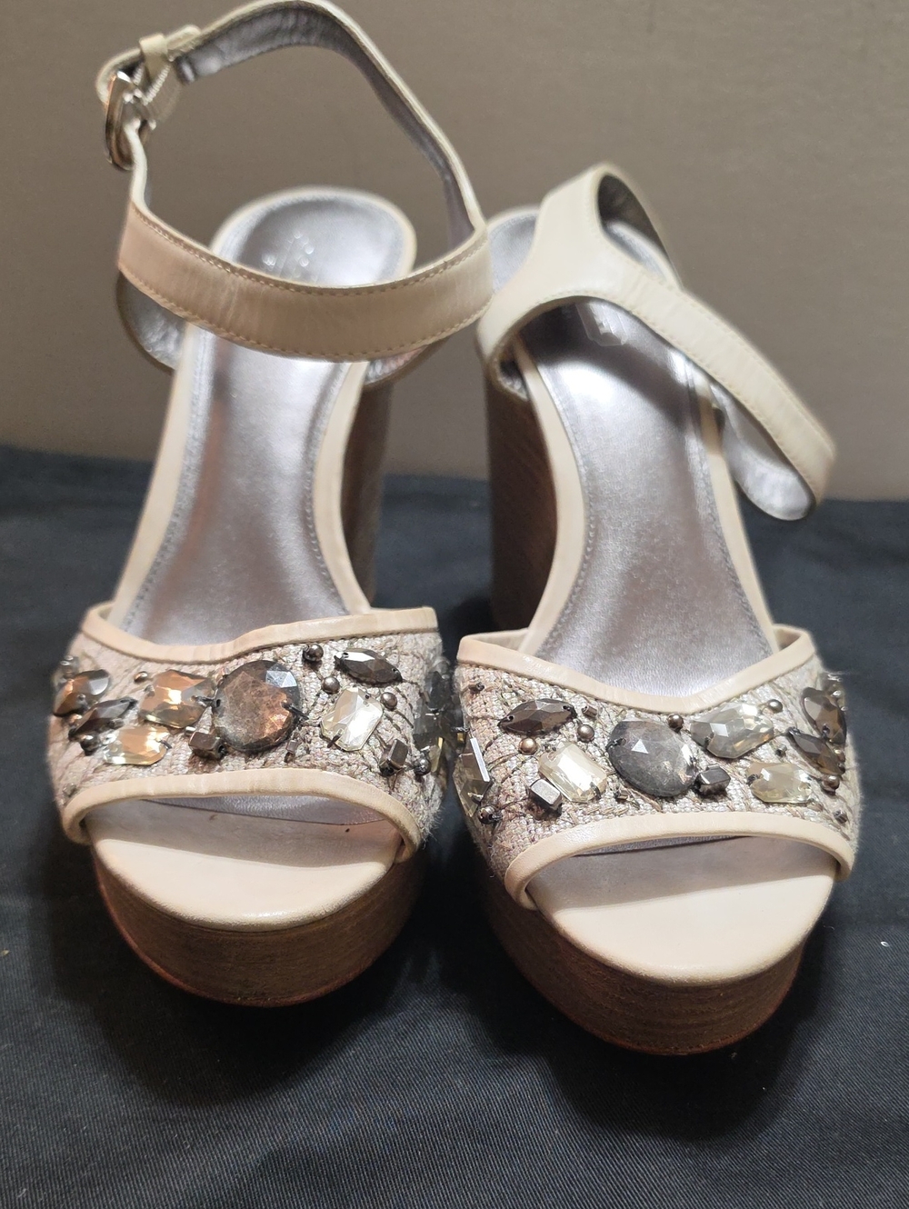 Coach Cream Platform Sandals with Gemstone Embellishments